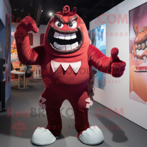 Maroon Demon mascot costume character dressed with a Bermuda Shorts and Suspenders