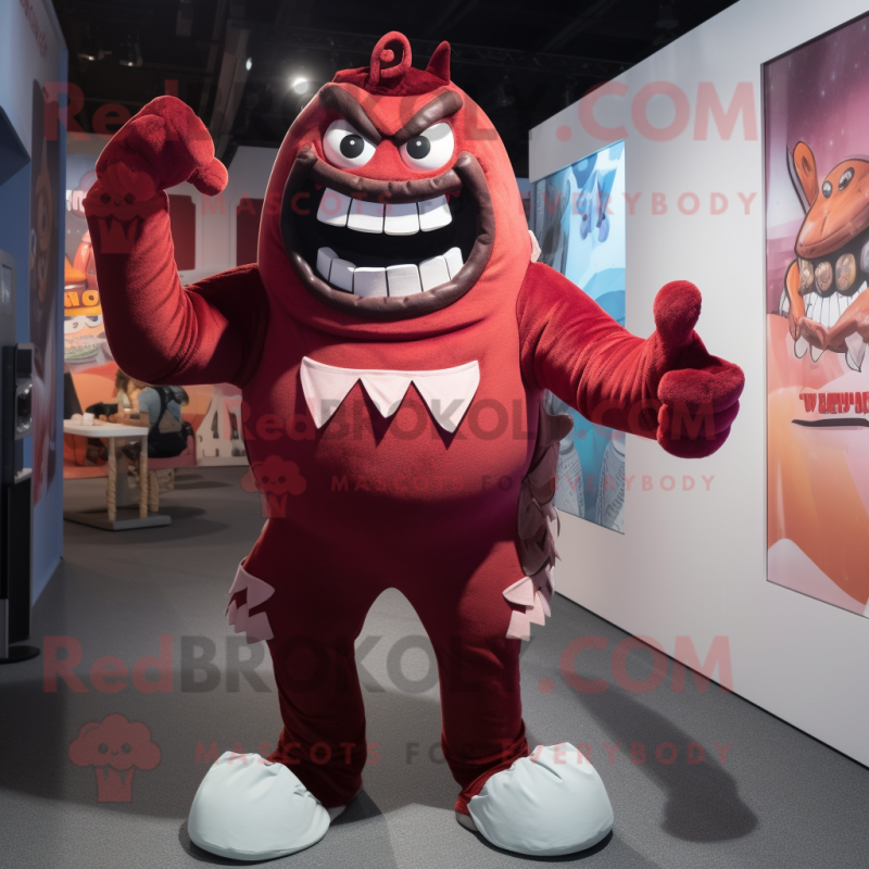 Maroon Demon mascot costume character dressed with a Bermuda Shorts and Suspenders Maroon Demon mascot costume character dressed with a Bermuda Shorts and Suspenders