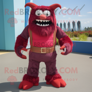 Maroon Demon mascot costume character dressed with a Bermuda Shorts and Suspenders