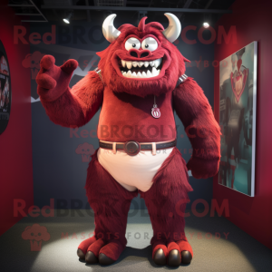 Maroon Demon mascot costume character dressed with a Bermuda Shorts and Suspenders