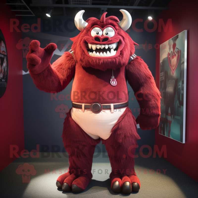Maroon Demon mascot costume character dressed with a Bermuda Shorts and Suspenders Maroon Demon mascot costume character dressed with a Bermuda Shorts and Suspenders