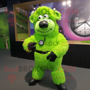 Lime Green Suffolk Sheep mascot costume character dressed with a Bodysuit and Bracelet watches