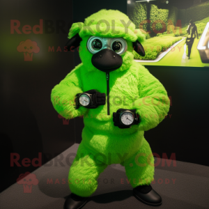 Lime Green Suffolk Sheep mascot costume character dressed with a Bodysuit and Bracelet watches