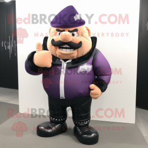 Purple Strongman mascot costume character dressed with a Leather Jacket and Shoe clips