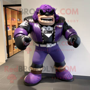Purple Strongman mascot costume character dressed with a Leather Jacket and Shoe clips