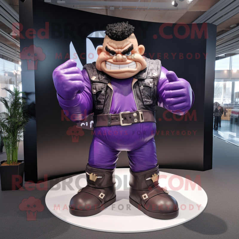 Purple Strongman mascot costume character dressed with a Leather Jacket and Shoe clips Purple Strongman mascot costume character dressed with a Leather Jacket and Shoe clips