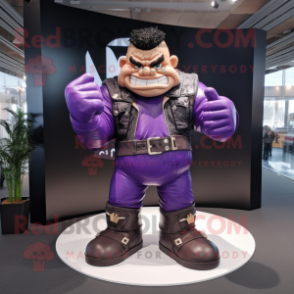 Purple Strongman mascot costume character dressed with a Leather Jacket and Shoe clips