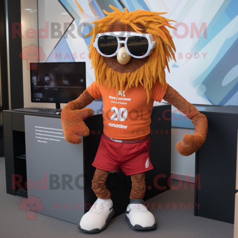 Rust Scarecrow mascot costume character dressed with a Running Shorts and Sunglasses Rust Scarecrow mascot costume character dressed with a Running Shorts and Sunglasses