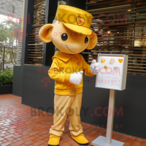 Gold Love Letter mascot costume character dressed with a Button-Up Shirt and Beanies