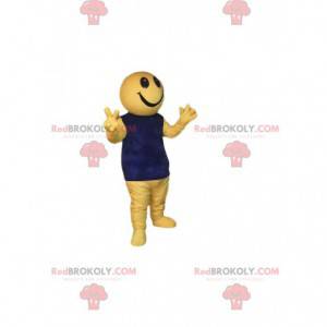 Mascota personaje amarillo muy feliz con una camiseta azul -
