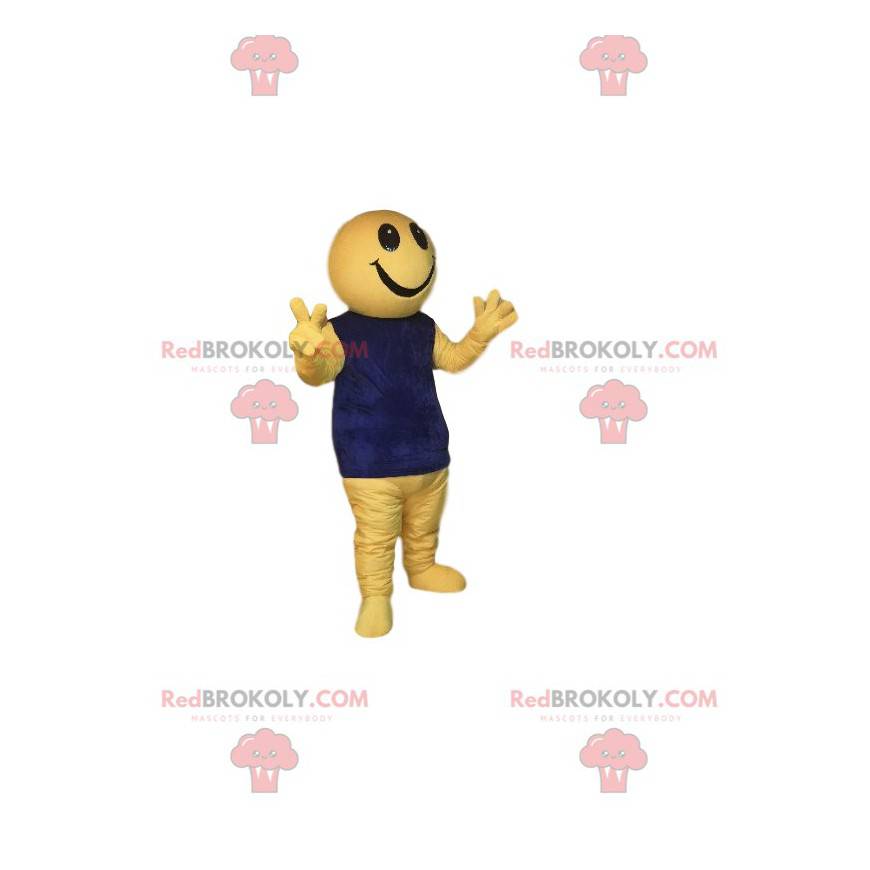 Mascotte de personnage jaune très heureux avec un maillot bleu Mascotte de personnage jaune très heureux avec un maillot bleu