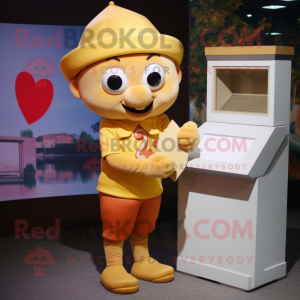 Gold Love Letter mascot costume character dressed with a Button-Up Shirt and Beanies