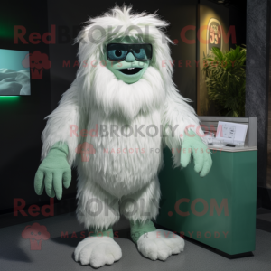 Green Yeti mascot costume character dressed with a Pencil Skirt and Eyeglasses