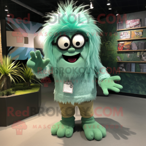 Green Yeti mascot costume character dressed with a Pencil Skirt and Eyeglasses