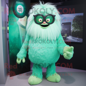 Green Yeti mascot costume character dressed with a Pencil Skirt and Eyeglasses