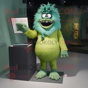 Green Yeti mascot costume character dressed with a Pencil Skirt and Eyeglasses