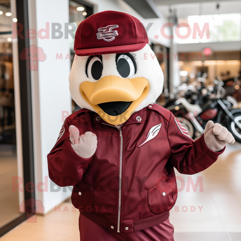 Maroon Swan mascot costume character dressed with a Moto Jacket and Hat pins