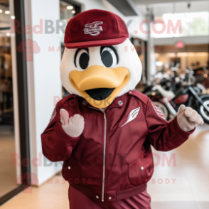 Maroon Swan mascot costume character dressed with a Moto Jacket and Hat pins