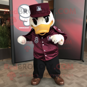 Maroon Swan mascot costume character dressed with a Moto Jacket and Hat pins