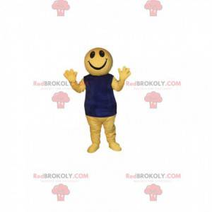 Zeer gelukkige gele karaktermascotte met een blauwe trui -