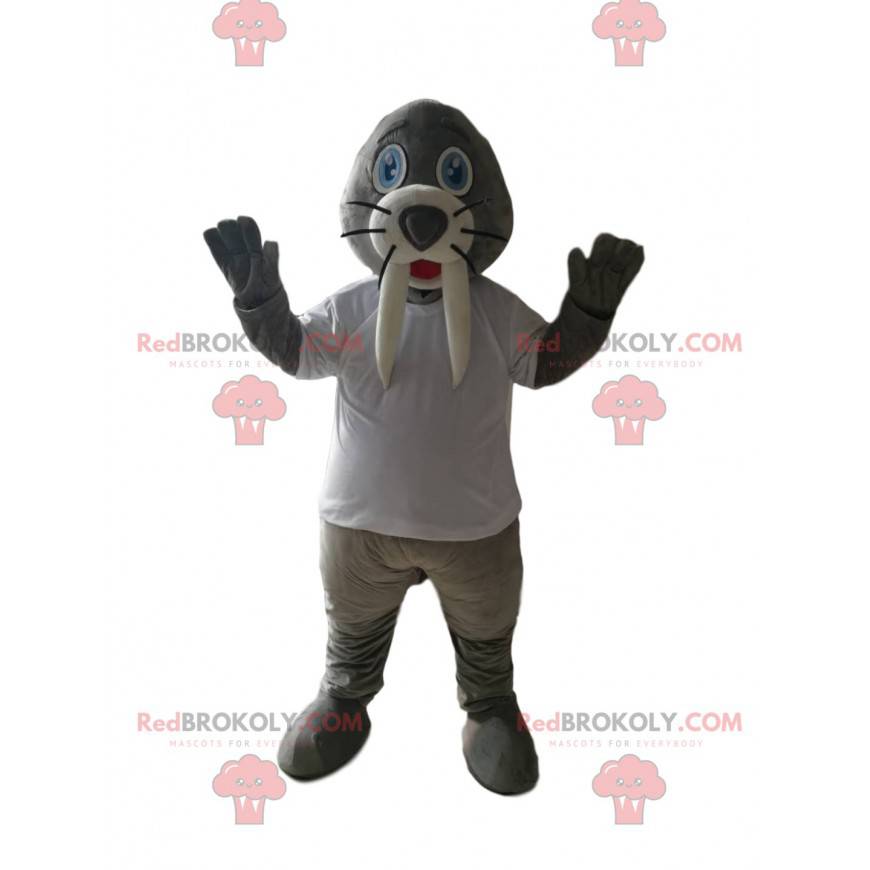 Mascote da morsa com suas grandes presas e uma camiseta branca