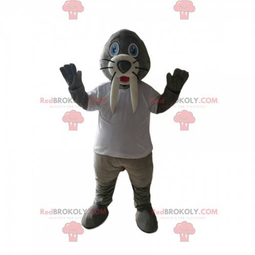 Walrus mascot with its large tusks and a white t-shirt -