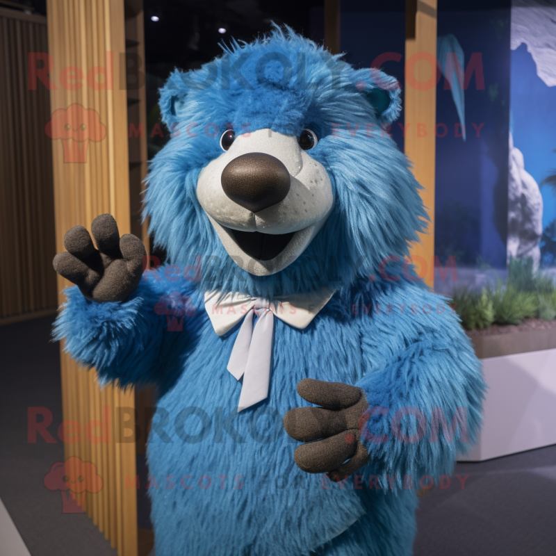Blue Beaver mascot costume character dressed with a Sweater and Hairpins