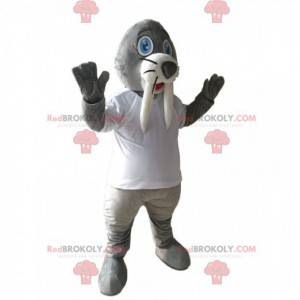 Walrus mascot with its large tusks and a white t-shirt -