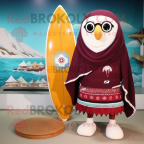 Maroon Apricot mascot costume character dressed with a Board Shorts and Shawls