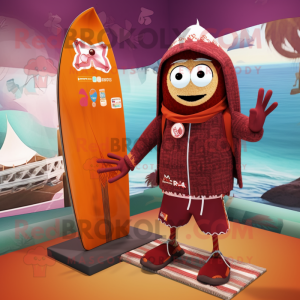 Maroon Apricot mascot costume character dressed with a Board Shorts and Shawls