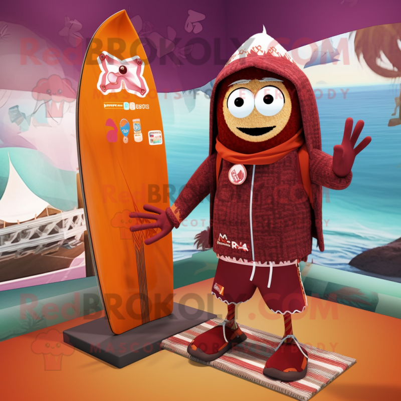 Maroon Apricot mascot costume character dressed with a Board Shorts and Shawls