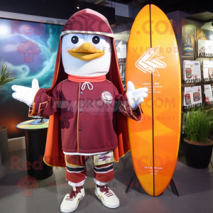 Maroon Apricot mascot costume character dressed with a Board Shorts and Shawls