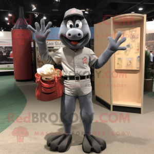 Gray Lobster mascot costume character dressed with a Baseball Tee and Tote bags