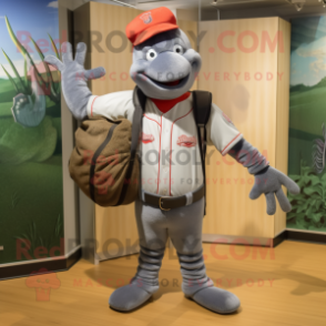 Gray Lobster mascot costume character dressed with a Baseball Tee and Tote bags