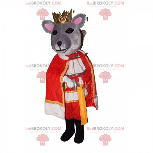 Gray mouse mascot with a golden crown and a royal costume -