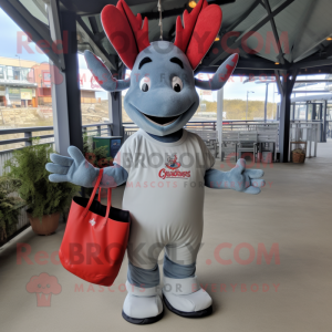 Gray Lobster mascot costume character dressed with a Baseball Tee and Tote bags
