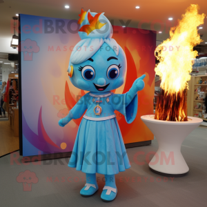 Sky Blue Fire Eater mascot costume character dressed with a A-Line Dress and Keychains