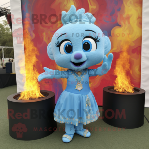 Sky Blue Fire Eater mascot costume character dressed with a A-Line Dress and Keychains