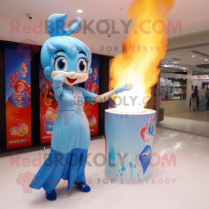 Sky Blue Fire Eater mascot costume character dressed with a A-Line Dress and Keychains