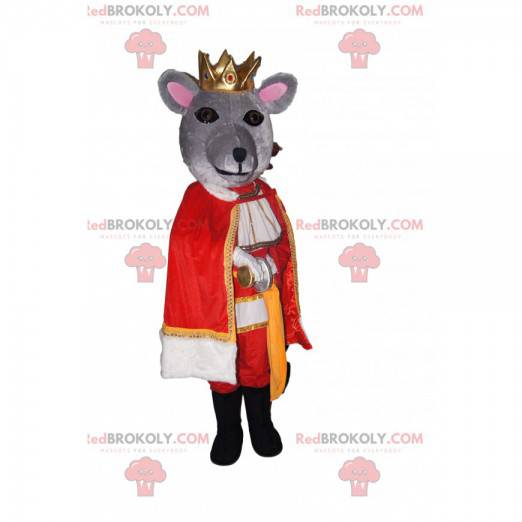 Mascotte de souris grise avec une couronne dorée et un costume