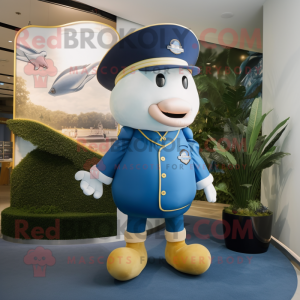 Gold Blue Whale mascot costume character dressed with a Rugby Shirt and Berets