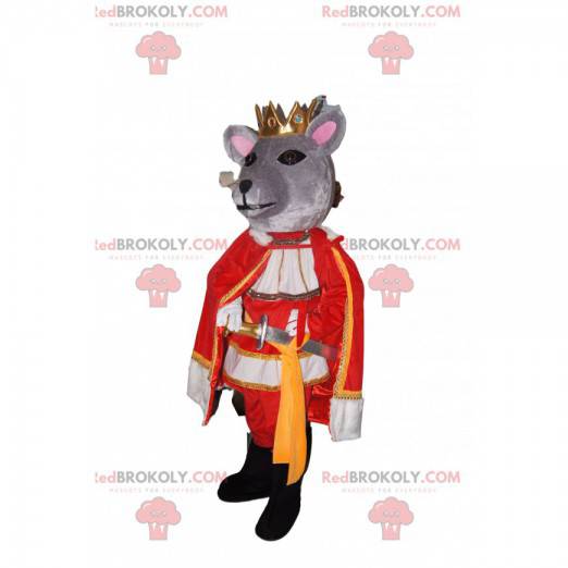 Mascotte de souris grise avec une couronne dorée et un costume