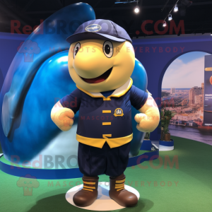 Gold Blue Whale mascot costume character dressed with a Rugby Shirt and Berets