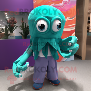 Teal Octopus mascot costume character dressed with a Poplin Shirt and Scarf clips