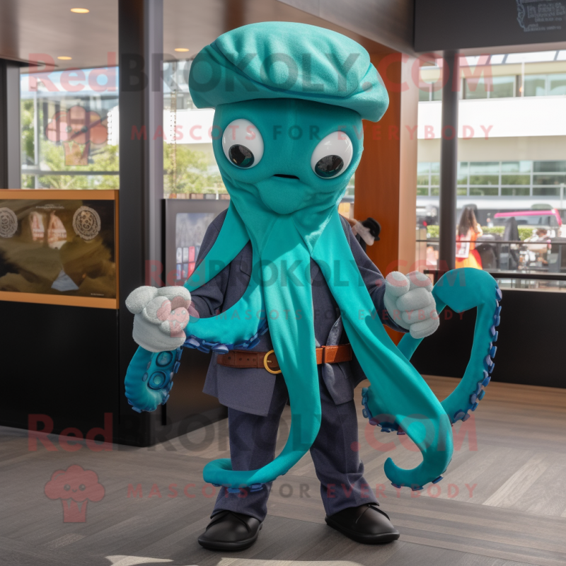 Teal Octopus mascot costume character dressed with a Poplin Shirt and Scarf clips Teal Octopus mascot costume character dressed with a Poplin Shirt and Scarf clips