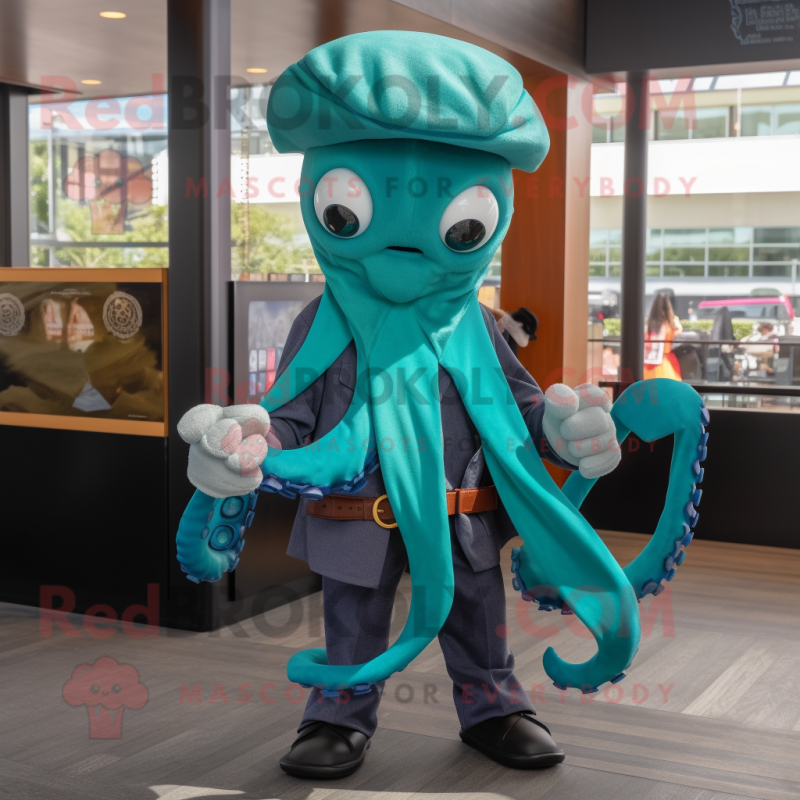 Teal Octopus mascot costume character dressed with a Poplin Shirt and Scarf clips