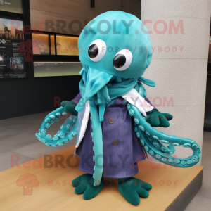 Teal Octopus mascot costume character dressed with a Poplin Shirt and Scarf clips