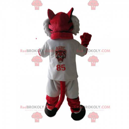 Red tiger mascot in white sportswear. Lion costume -