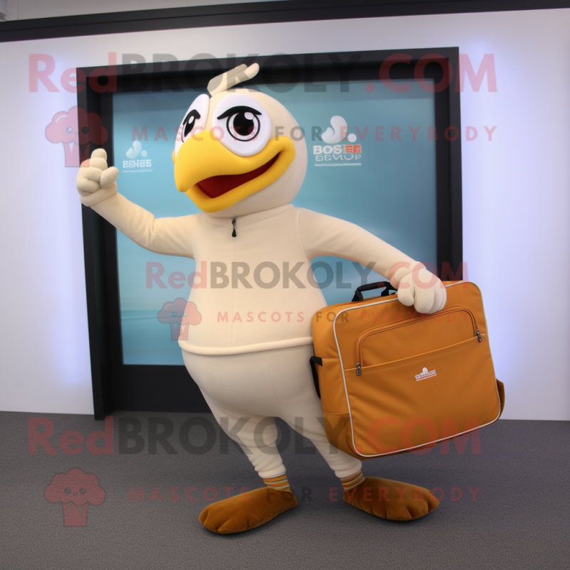 Beige Butter Chicken mascot costume character dressed with a Yoga Pants and Briefcases