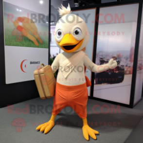 Beige Butter Chicken mascot costume character dressed with a Yoga Pants and Briefcases